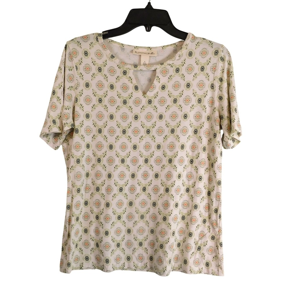 Emaline Womens‎ Green Orange Floral Medallion Keyhole Neck Short Sleeve Top M